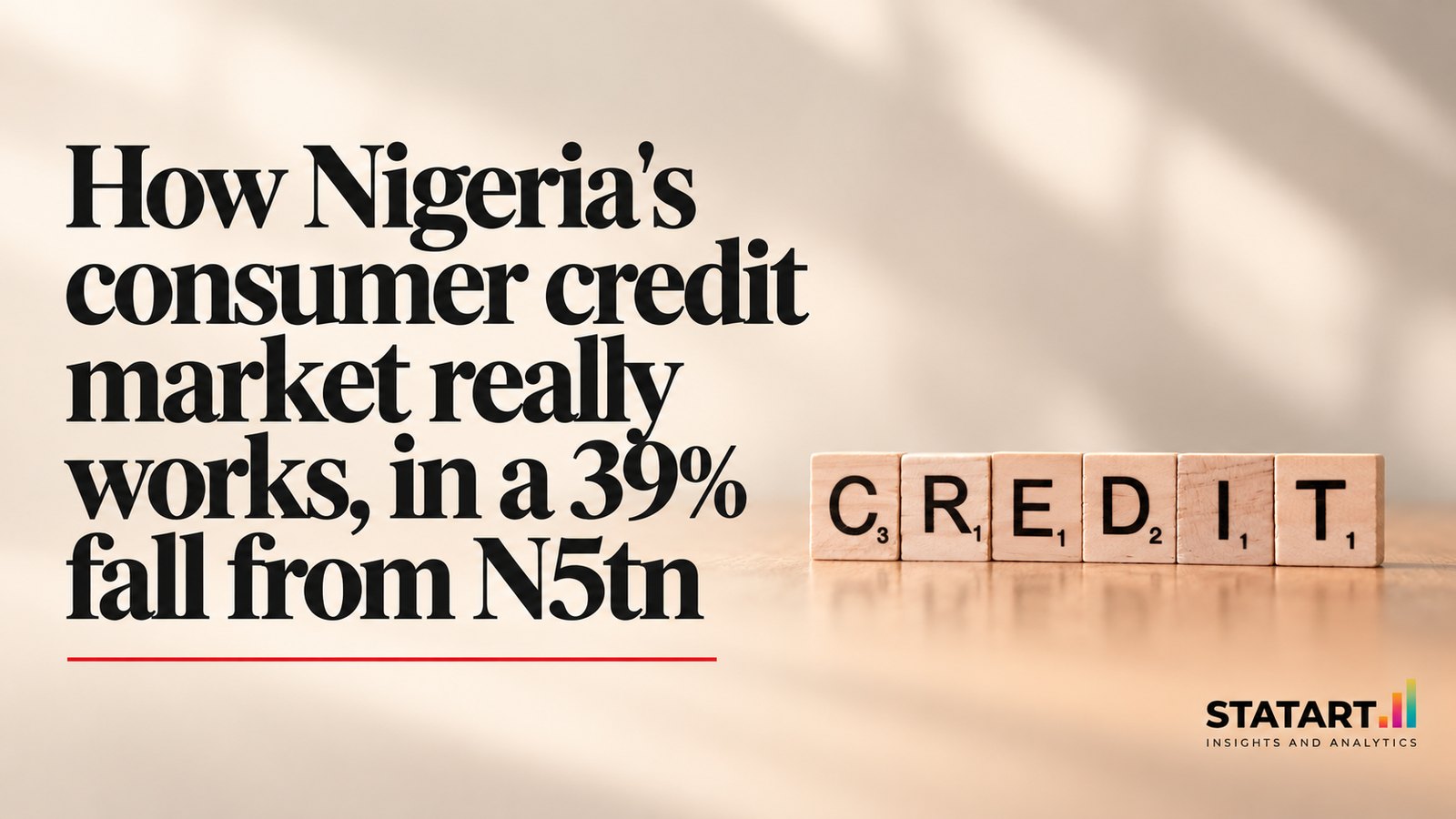 Wooden letter tiles spelling CREDIT beside the headline How Nigeria's consumer credit market really works, in a 39% fall from N5tn