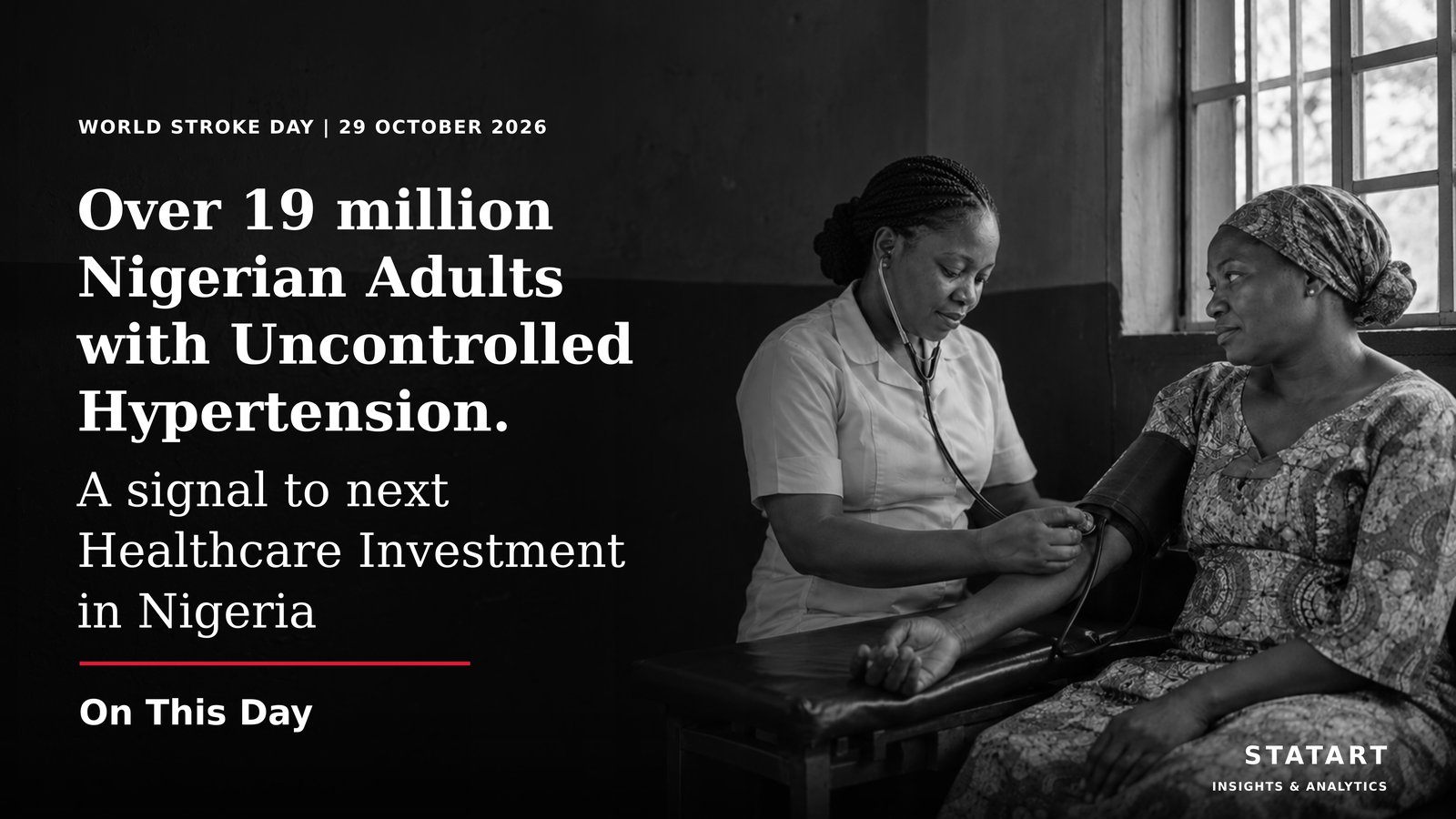 A nurse checks a woman's blood pressure in a clinic, beside the headline Over 19 million Nigerian Adults with Uncontrolled Hypertension, World Stroke Day, On This Day