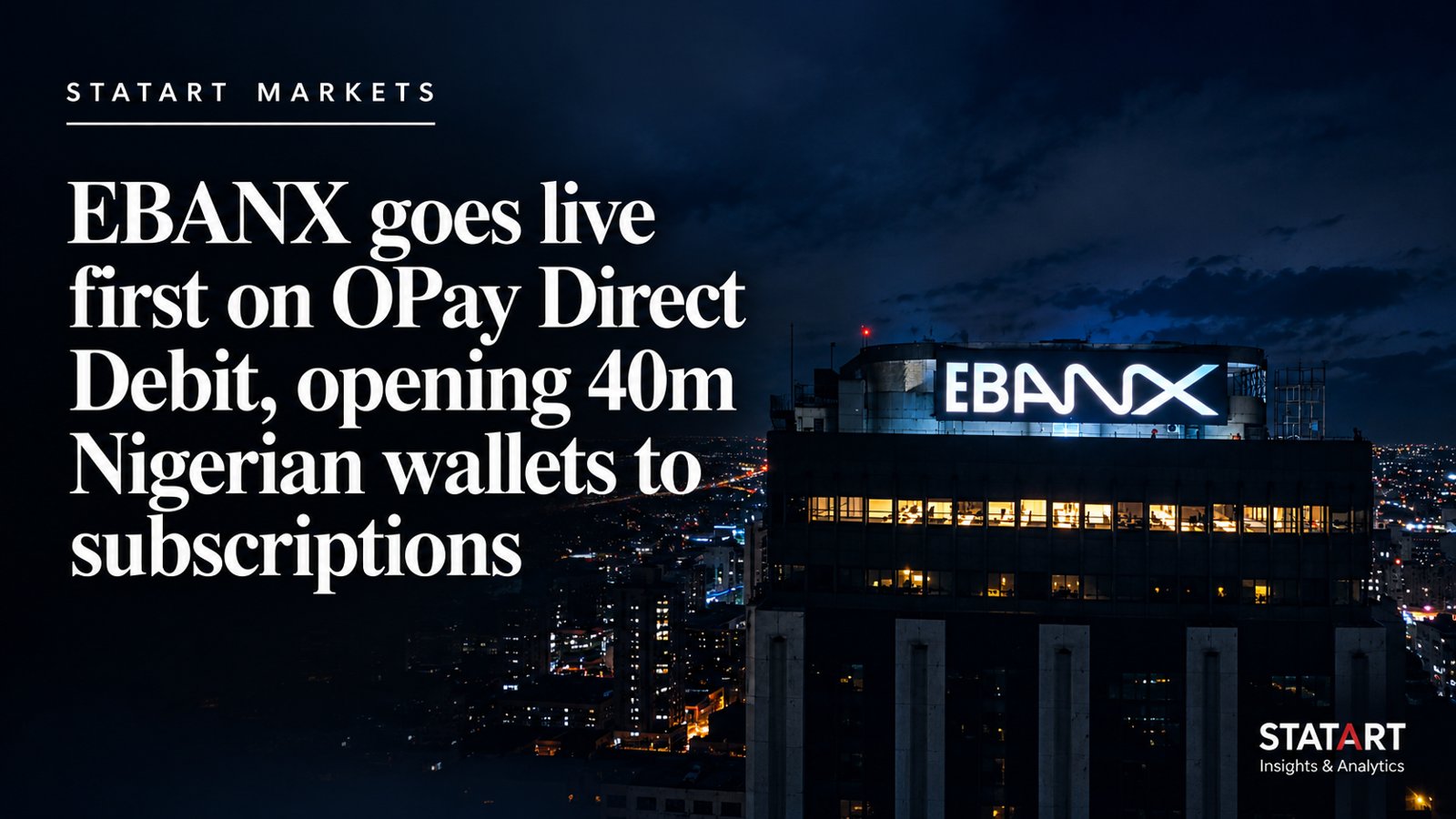 EBANX sign on a high-rise building at night